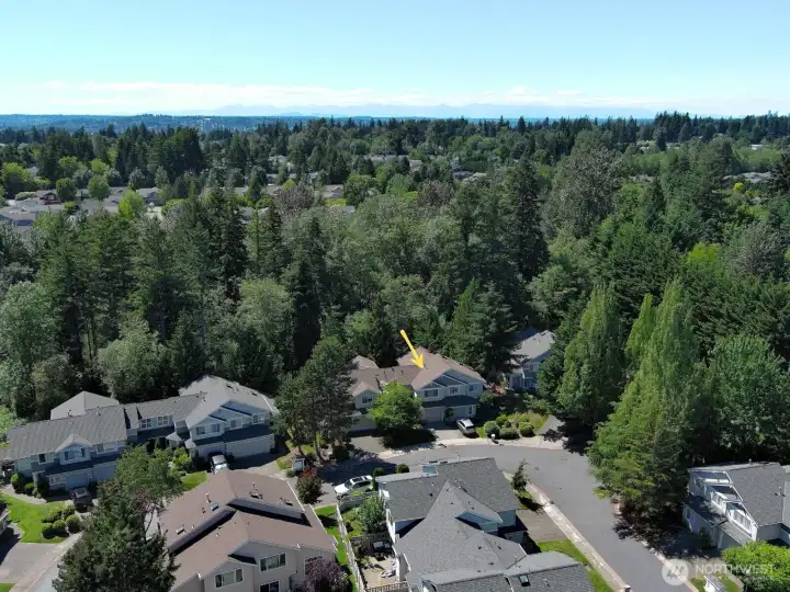 An overhead perspective showcases the home's location and its surrounding residences, highlighting the cohesive design and peaceful neighborhood setting. An overhead perspective showcases the home's location and its surrounding residences, highlighting the cohesive design and peaceful neighborhood setting.