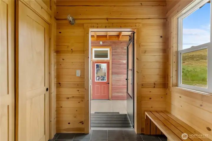 Covered breezeway entry to the signature Methow mudroom.