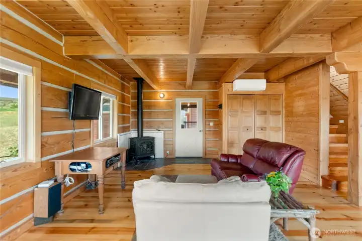Warm, inviting living room centered around the propane stove.