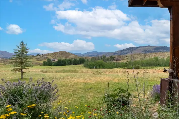Relax on the covered porch overlooking meadows & surrounding mountains.