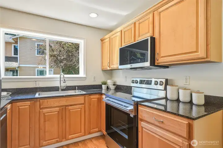 Granite counters, new stainless steel appliances, new sink and faucet, and a charming courtyard view from the kitchen window