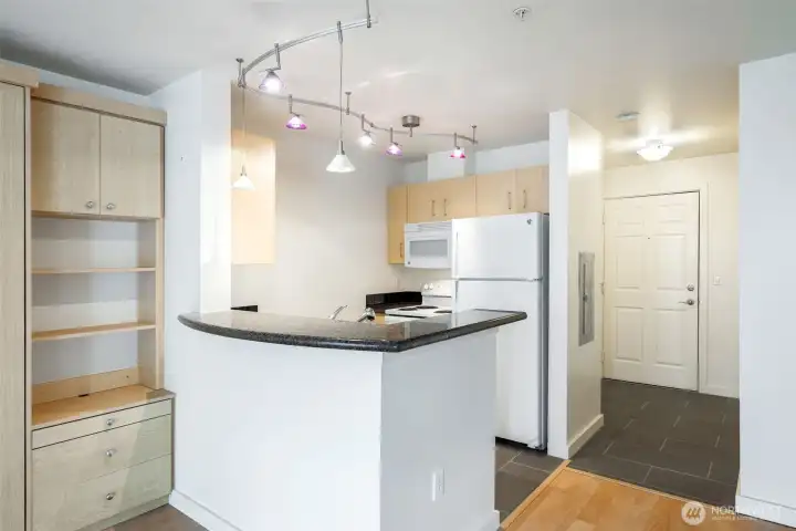 Kitchen with eating bar. Kitchen with eating bar.