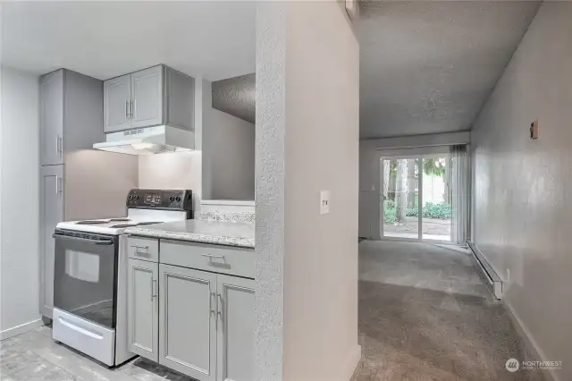 View from entry way, kitchen on the left and livingroom straight ahead.