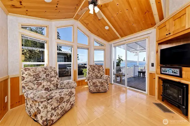 Living area with fireplace and loads of light