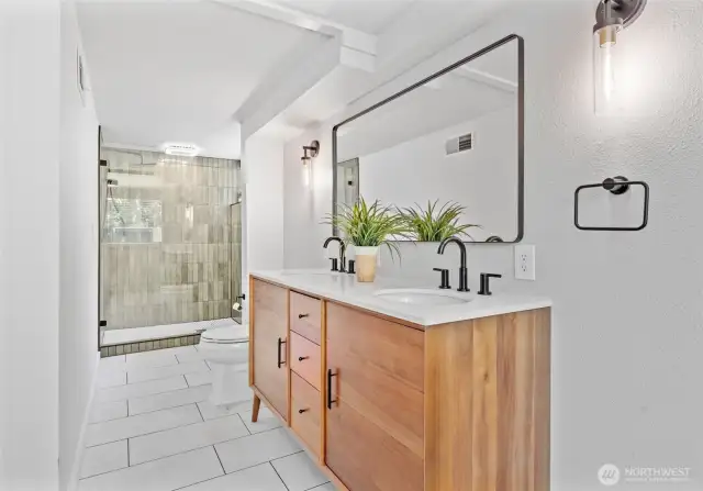 The primary bath is in keeping with today's modern style. Complete professional renovation.