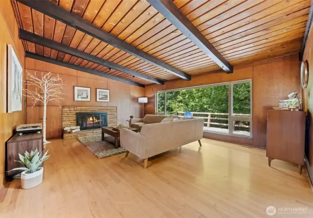 Vaulted ceiling and big windows in the living room.