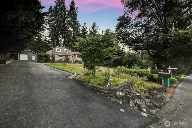 Twilight picture of the yard and house