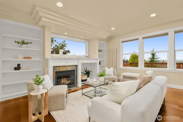 Warm and Light Filled family room + fireplace