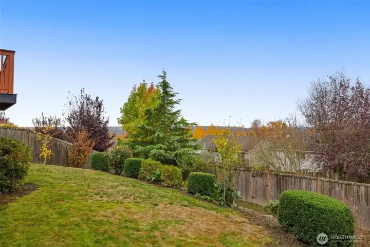 Fully Fenced backyard with mature landscaping