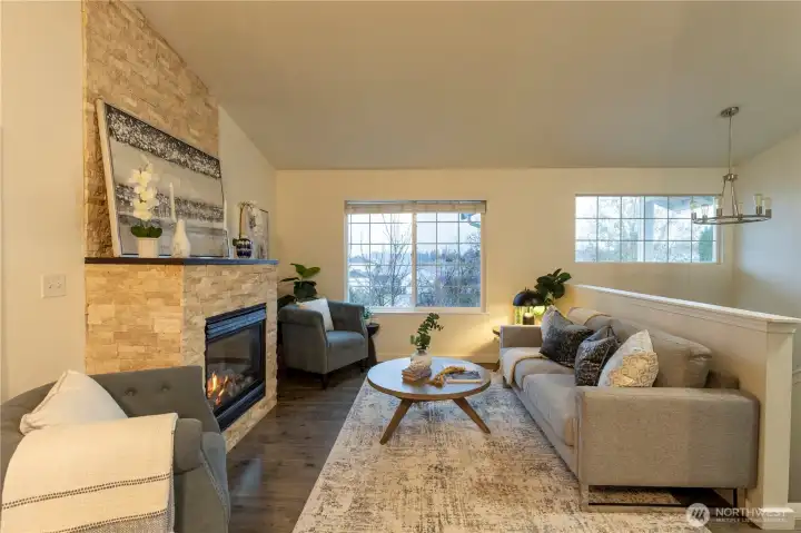 Bright Living Room with Cozy Gas Fireplace