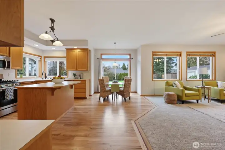 Extremely spacious kitchen with bar seating at the island, breakfast nook overlooking the backyard, and a great room style living room. Notice all the natural light with large windows surrounding!