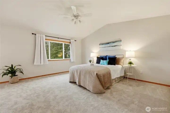 Overlooking the backyard is the extremely expansive primary suite with more than enough space for any size bedframe, large furniture, you name it!