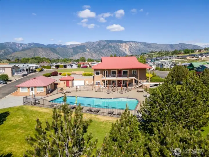 Drone shot of Clubhouse with pool