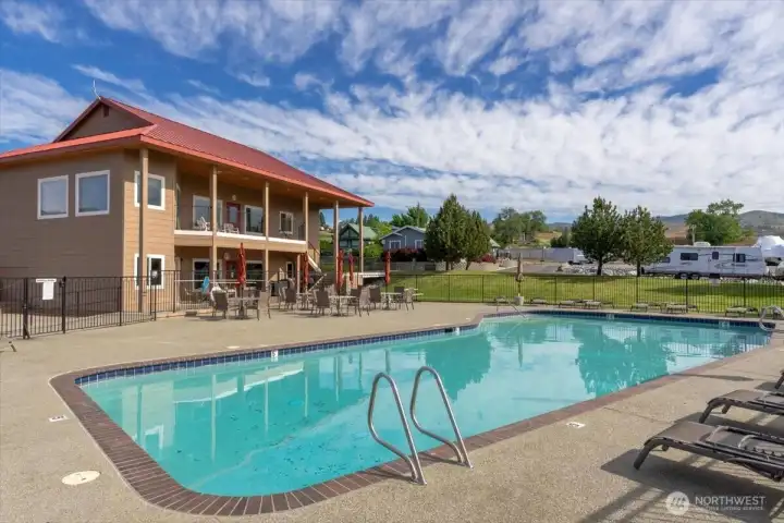 Drone shot of Clubhouse with pool