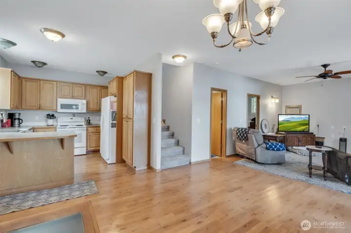 Kitchen and living room with open main floor layout