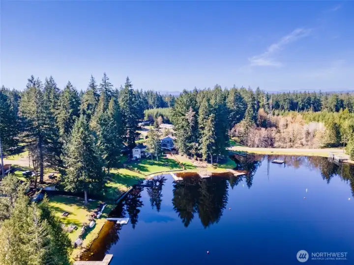 Aerial view of lake and neighborhood setting