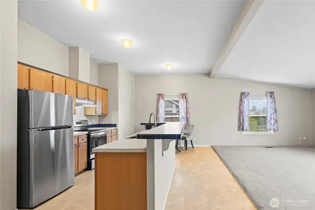 This well-equipped kitchen is full of bright light and plenty of counter space for prep, an elevated counter for entertaining or enjoying a casual meal with others.