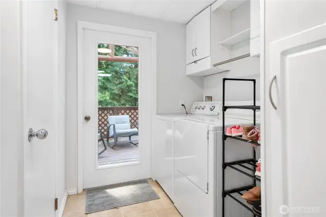 Laundry, storage and bathroom door is on the left