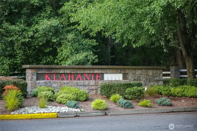 Welcome to Klahanie, a beautifully landscaped community entrance welcomes you to this vibrant Sammamish Plateau neighborhood surrounded by parks, trails, and Pacific Northwest charm.
