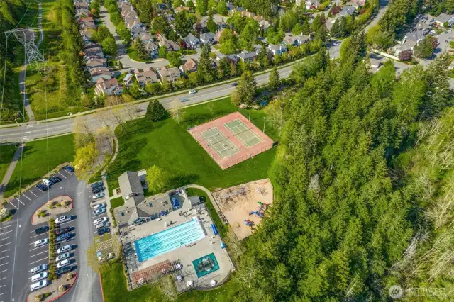 Aerial view of just some of the spectacular Klahanie Community amenities - multiple tennis courts, playgrounds, two club houses and two swimming pools.