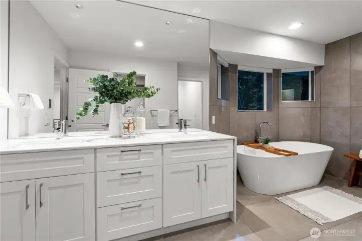 Primary bathroom with heated tile floor for extra comfort