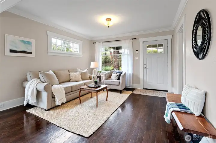 Front entry to living room with stained fir floors