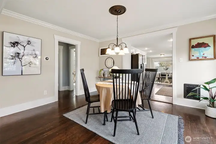Dining room with view towards kitchen