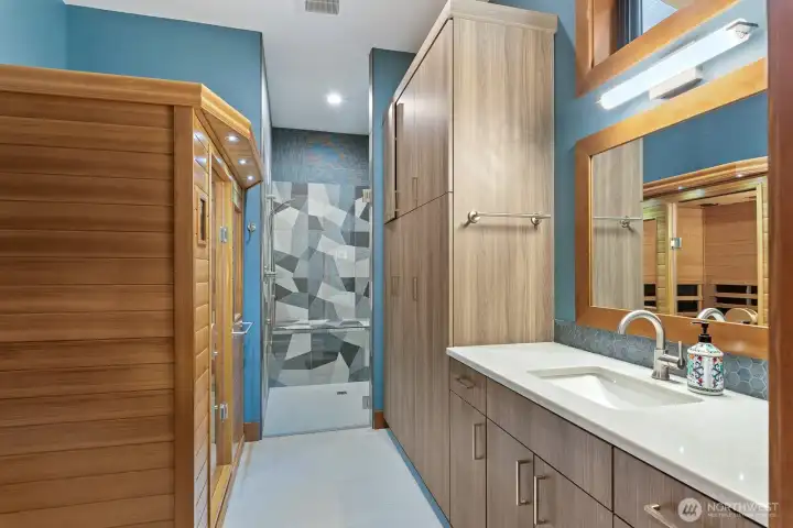 3/4 bath with built in sauna.  Shower set up for you and your pets with dog shower shelf.  And more storage, there is never enough.