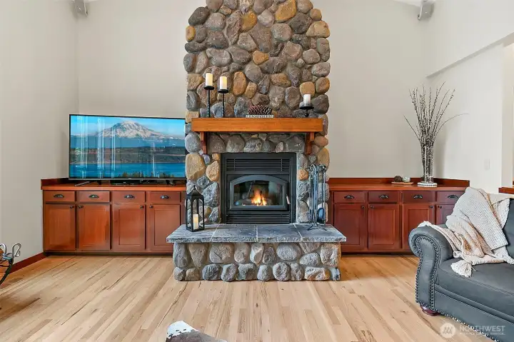 River rock fireplace in living room
