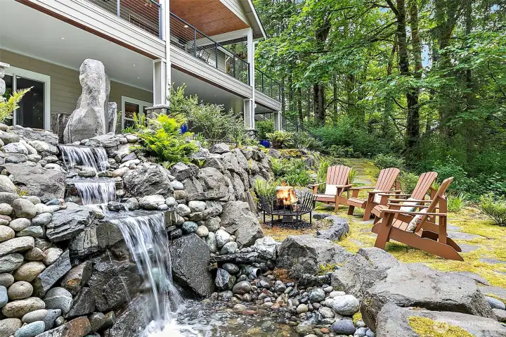 Fire pit and waterfall feature