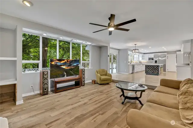 view from family room to kitchen and eating area