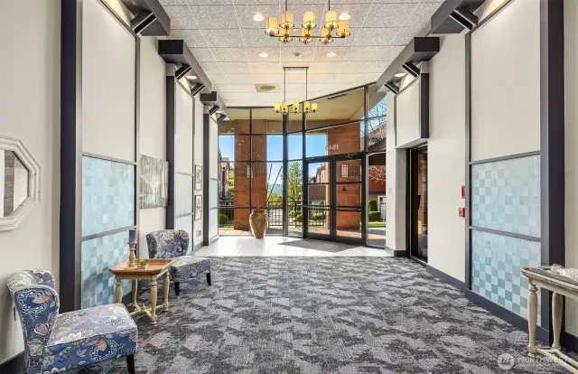 Secure lobby entrance with elevator.