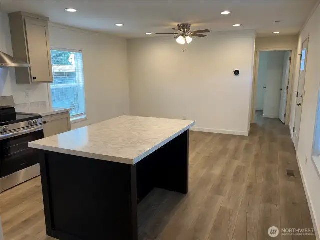 Kitchen island with eating bar.