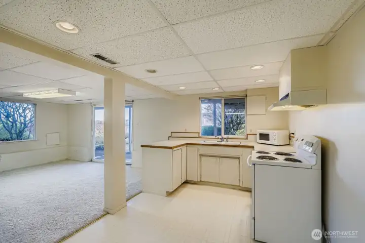 Another view of lower level kitchen and family room.