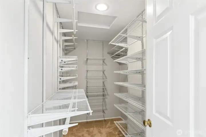 Primary closet.  All closets have built-ins.