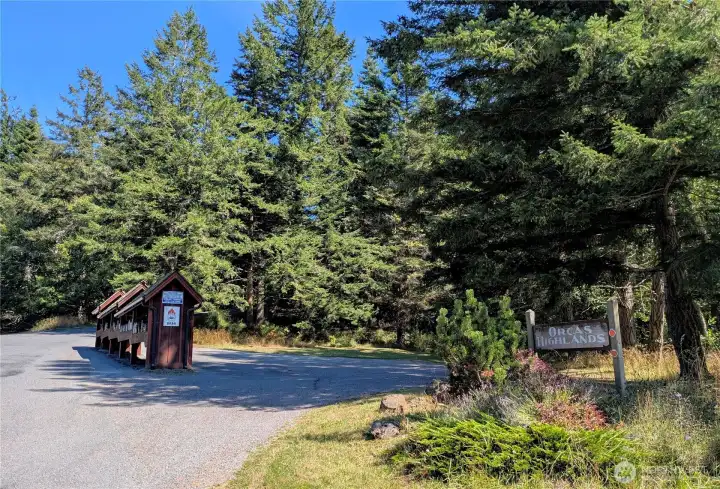 The entrance to the Orcas Highlands and the community mailboxes. You will also find a Little Free Library here! The local school bus also stops at this location.