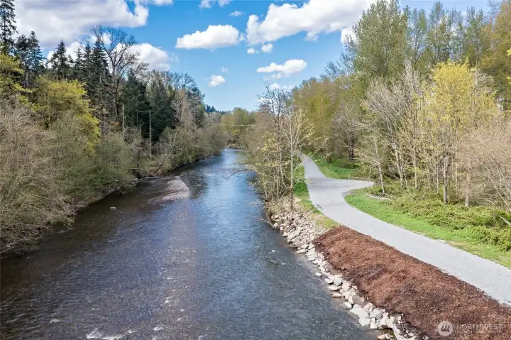 Across the street is the short path to the riverfront.