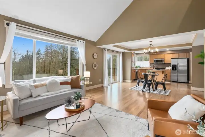 Living room looking into dining room and kitchen.