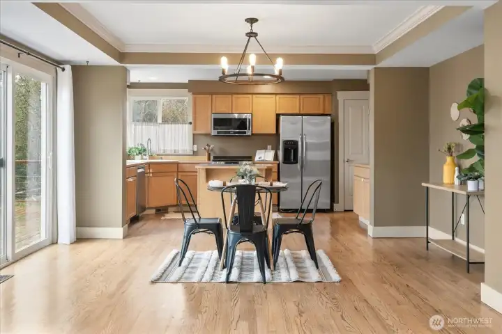 Dining area view into kitchen.