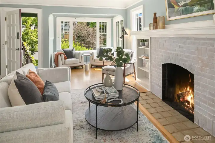 Looking back to the front door and the charming alcove off the living room.
