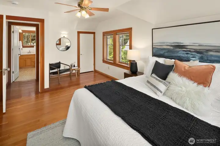 The primary bedroom has plenty of room for a king sized bed.