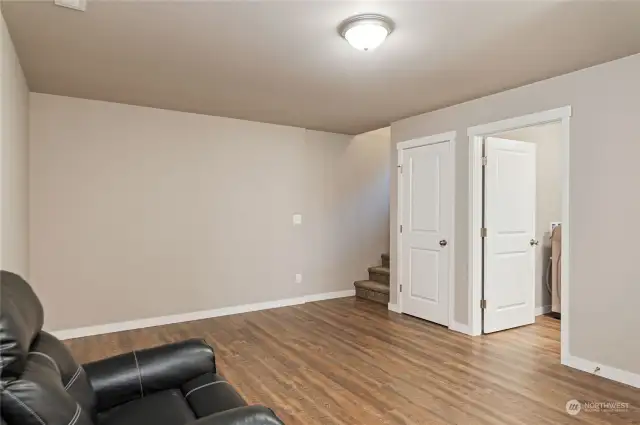 Family Room on lower level. Door to left is storage closet. Door to right leads into laundry-1/2 bath.