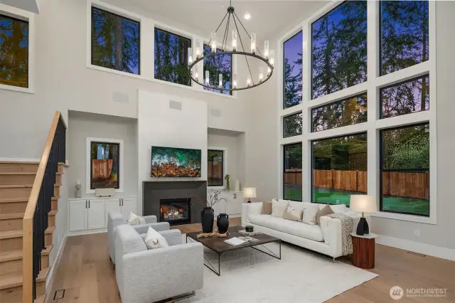 Two story great room that overlooks the private backyard