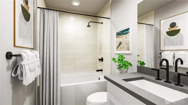 Hall Bath  Upper Floor. Features and colors vary. Model Homes Photos. Pictures are for illustration only.