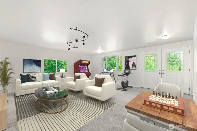 Enormous Bonus room  a perfect space for media, gaming, recreation, hobbies, fitness and more! French doors open to the to the front porch. This room is virtually staged.