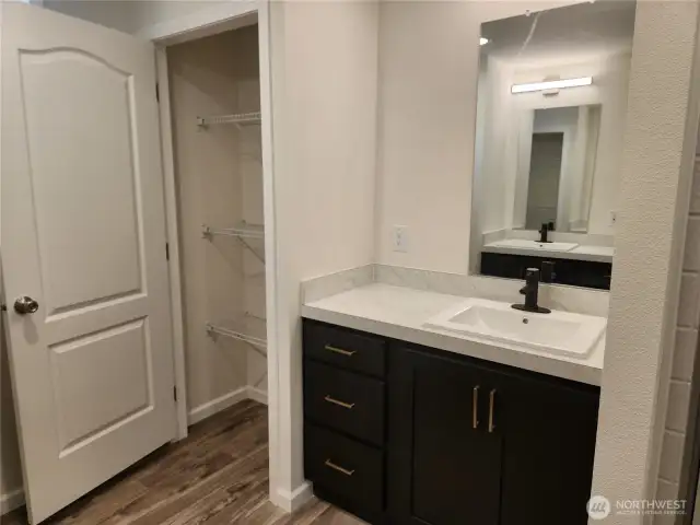 Primary bathroom has a large closet for linens and other items, as well as the beautiful dark cabinetry.