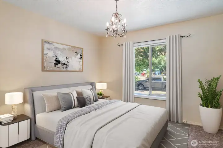Virtually staged second bedroom looking towards Vandercook Park