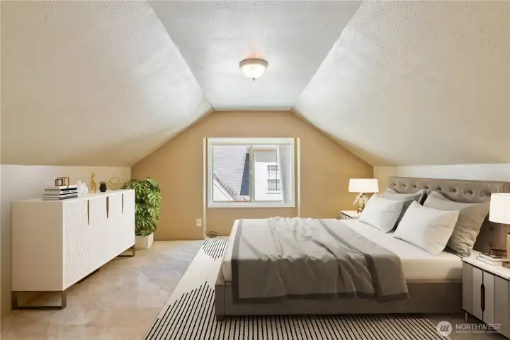 Virtually staged spacious bedroom with double closets