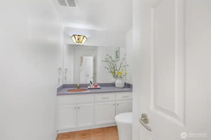 The main-level powder room features generous counter space, custom cabinetry, and tasteful finishes, combining practicality with style for guests and residents alike.