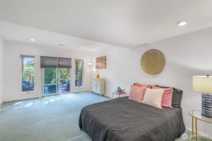 A spacious lower-level bedroom features bright windows and patio access, creating a comfortable private retreat for guests or multi-generational living.